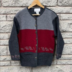 Gray and Red Women's Wool Sweater with Embroidery